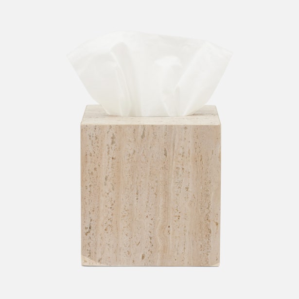 The Bowen Natural Bath Collection tissue box holder by Pigeon & Poodle, in beige stone with a white tissue partially pulled out, is showcased against a plain white background.