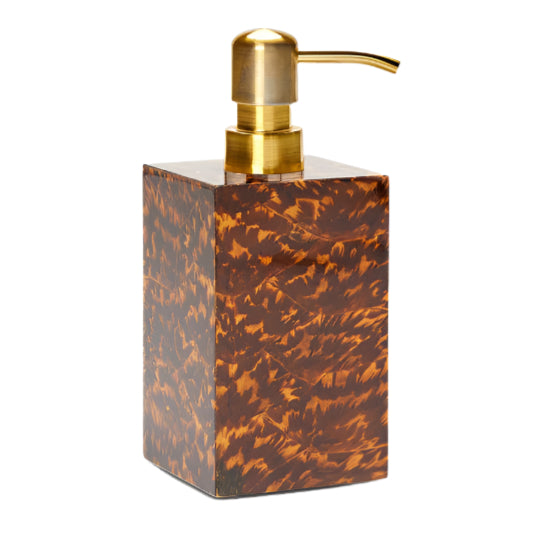 The Carmel High Gloss Faux Tortoise soap dispenser by Pigeon & Poodle features a tortoise shell-patterned rectangular body and gold-colored pump, shown against a white background.