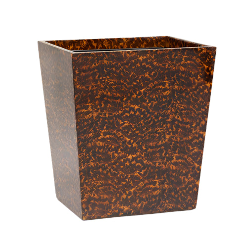 The Carmel High Gloss Faux Tortoise wastebasket by Pigeon & Poodle features a rectangular shape, dark brown marbled tortoise shell pattern, and a glossy finish for unique style.