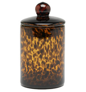The Pigeon & Poodle Tortoise Darby Canister features handblown glass in a rich brown tortoise shell pattern with a round lid, ideal for organizing and storing items. Shown here against a white background.
