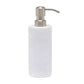A white textured soap dispenser from the Pigeon & Poodle Dover Bath Collection, made of engraved resin with a silver pump and spout, is displayed against a plain white background.