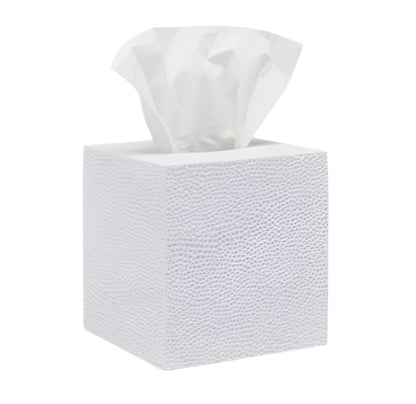 The Dover Bath Collection tissue box by Pigeon & Poodle features engraved resin with a textured white finish, dispensing tissues from the top—an elegant addition to any bathroom.