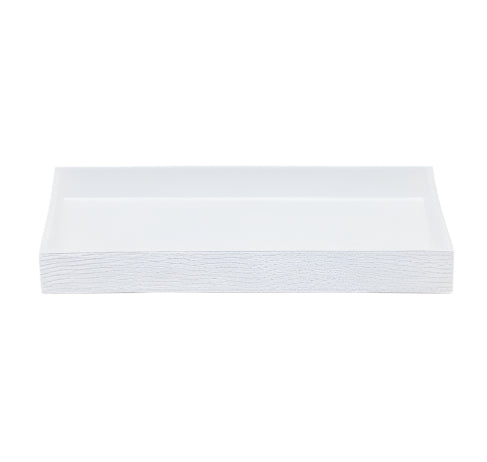 Rectangular white tray with a textured surface and raised edges, crafted from engraved resin by Pigeon & Poodle. Photographed on a plain white background, it's part of the Dover Bath Collection—perfect for adding elegance to any bathroom.