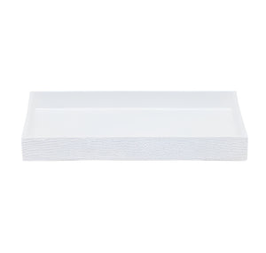Rectangular white tray with a textured surface and raised edges, crafted from engraved resin by Pigeon & Poodle. Photographed on a plain white background, it's part of the Dover Bath Collection—perfect for adding elegance to any bathroom.