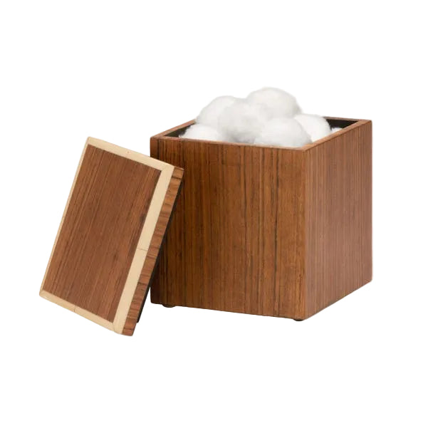 The Harper Dark Teak box by Pigeon & Poodle, featuring a removable lid and elegant details, is filled with white cotton balls and displayed on a white background.