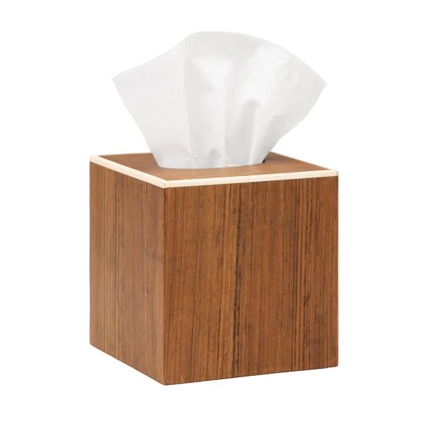 The Harper Dark Teak tissue box holder by Pigeon & Poodle features elegant detailing and faux bone trim, shown with a tissue emerging from the top against a white background.