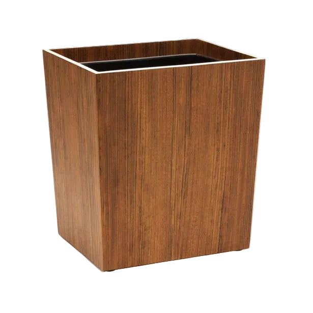 The Harper Dark Teak wastebasket by Pigeon & Poodle features a square wooden design, smooth finish, elegant detailing, and an open top.