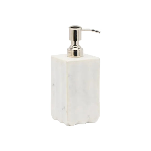 A rectangular white pleated marble soap dispenser with a silver pump from the Pigeon & Poodle Proviso White Bath Collection, displayed against a plain white background.