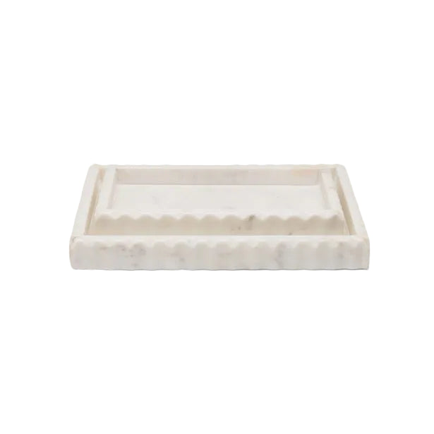 Rectangular white marble tray with pleated edges from the Proviso White Bath Collection by Pigeon & Poodle, shown front-facing on a plain white background—a luxurious accent for your space.