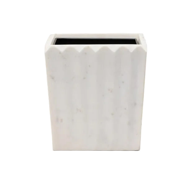 Rectangular white planter with scalloped edge and vertical grooves from the Proviso White Bath Collection by Pigeon & Poodle—ideal for luxury home decor, shown on a plain white background.