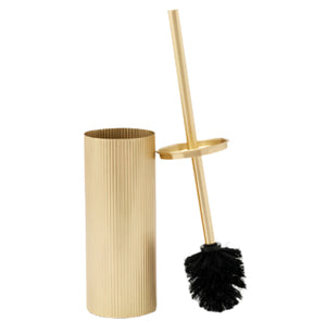 The Redon Toilet Brush Holder by Pigeon & Poodle features an antique-chic gold-colored, ribbed metal design with a matching handle and black brush head, displayed on a plain white background.