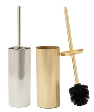 Two ribbed metal Redon Toilet Brush Holders by Pigeon & Poodle—one silver, one gold—are shown; the open gold holder reveals a brush with a black bristle head, adding antique-chic style to any bathroom.