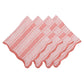 Four red and white cabana-striped kitchen towels from the Juliska Cabana Stripe Tabletop Collection are neatly folded in an overlapping arrangement.