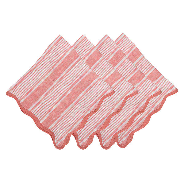 Four red and white cabana-striped kitchen towels from the Juliska Cabana Stripe Tabletop Collection are neatly folded in an overlapping arrangement.