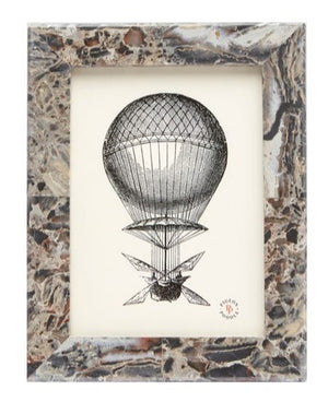 Vintage hot air balloon illustration with detailed basket and rigging, set against a plain background in a 5 x 7 Pigeon & Poodle Mixed Gray Marble Corsica Frame.
