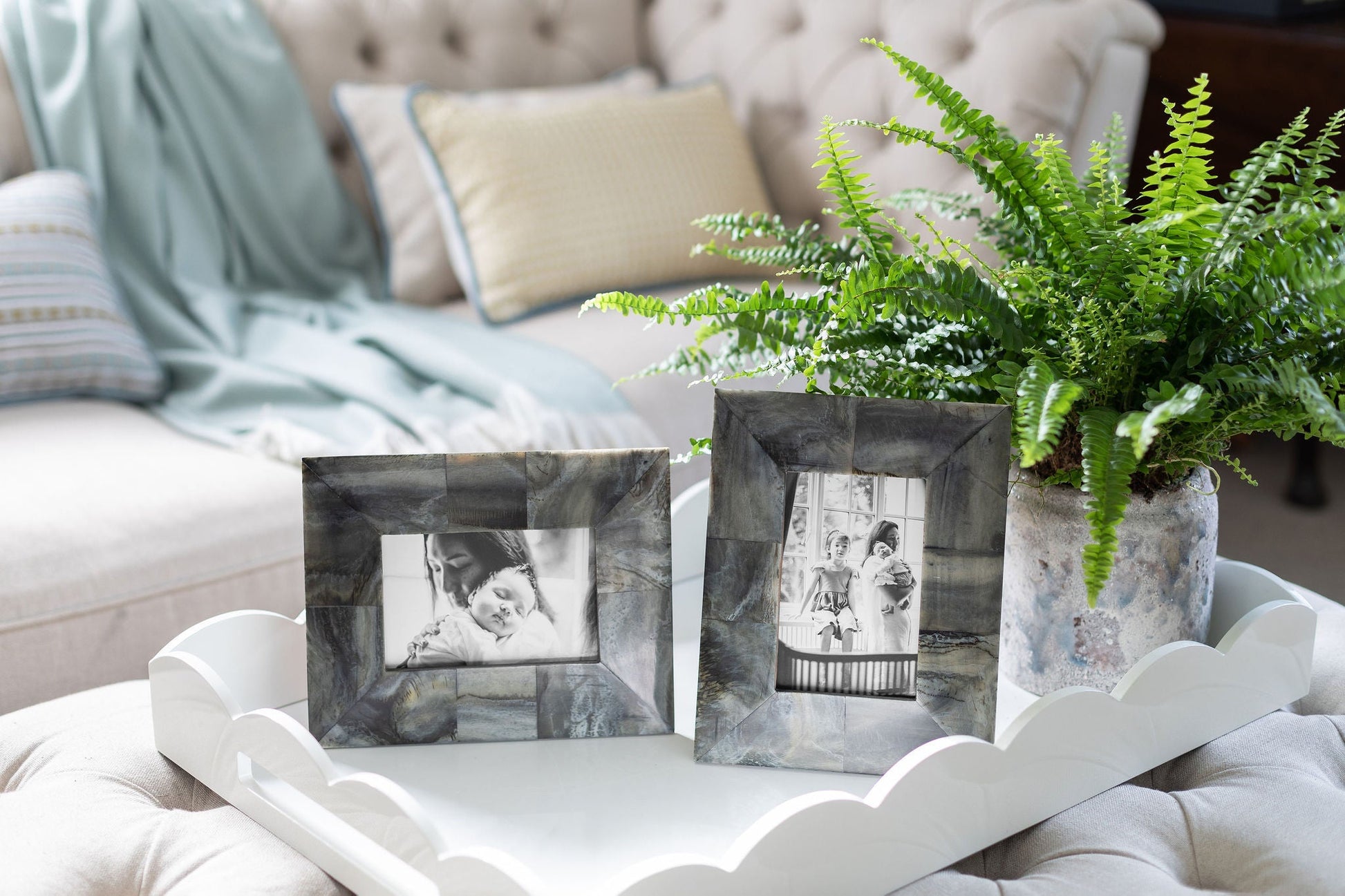 Two framed black-and-white photos and a potted fern sit on an Addison Ross Scalloped White Lacquer Tray Collection piece atop an ottoman in a bright, tidy living room.