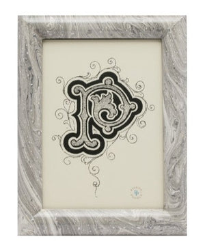 The Pigeon & Poodle Gray Swirled Ashland Frame (5 x 7) displays a black-and-white ornate letter "P" with swirling, marbled details on a light background.