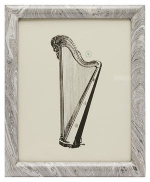 A black and white harp illustration is centered on a cream background, showcased in an 8x10 Gray Swirled Ashland Frame by Pigeon & Poodle.