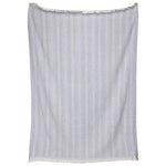 The Lavanya Throw Collection by John Robshaw showcases a light blue and white striped cotton textile with a subtle herringbone weave, fringed top and bottom, displayed against a white background.
