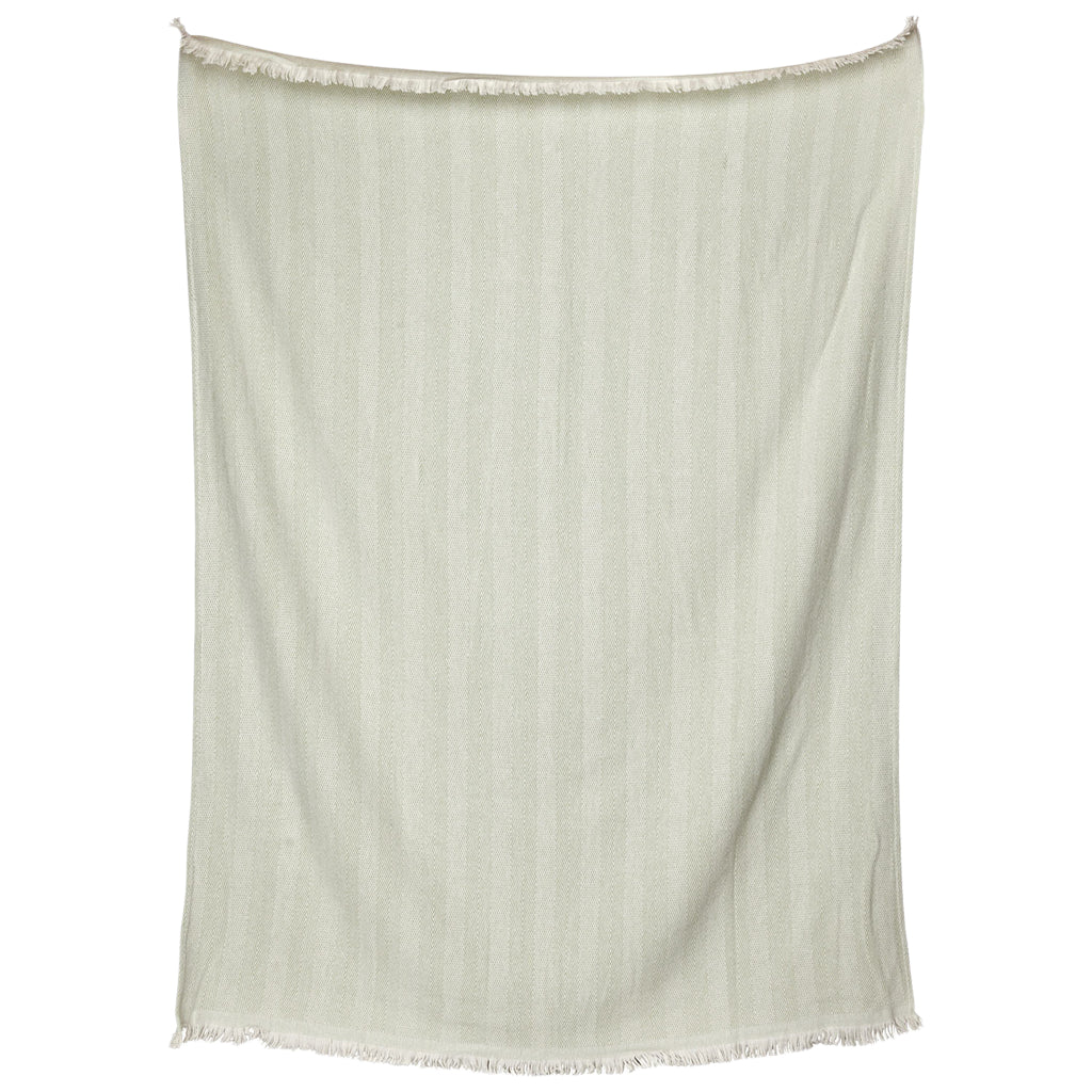The Lavanya Throw Collection by John Robshaw features a light beige rectangular cotton throw with subtle vertical stripes and fringed edges, displayed against a white background.