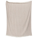 The Lavanya Throw Collection by John Robshaw features a beige, yarn-dyed woven cotton blanket with subtle vertical stripes and fringe, displayed against a plain background.