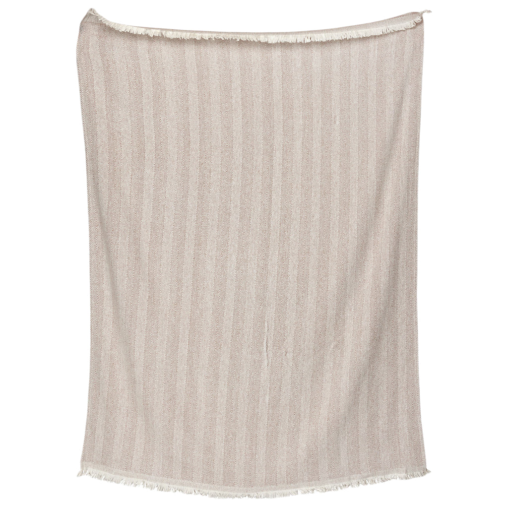 The Lavanya Throw Collection by John Robshaw features a beige, yarn-dyed woven cotton blanket with subtle vertical stripes and fringe, displayed against a plain background.