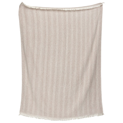 The Lavanya Throw Collection by John Robshaw features a beige, yarn-dyed woven cotton blanket with subtle vertical stripes and fringe, displayed against a plain background.
