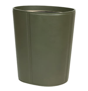 The Asby Forest Green Oval Wastebasket by Pigeon & Poodle features a smooth, full-grain leather exterior—an ideal way to add sophisticated style and function to any study or workspace.