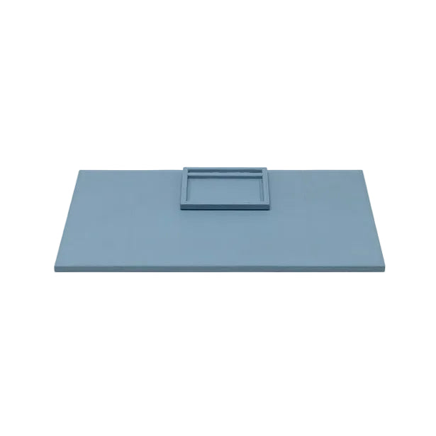 Blue rectangular full-grain leather Grafton Laptop Desk Blotter Set with an attached small tray.