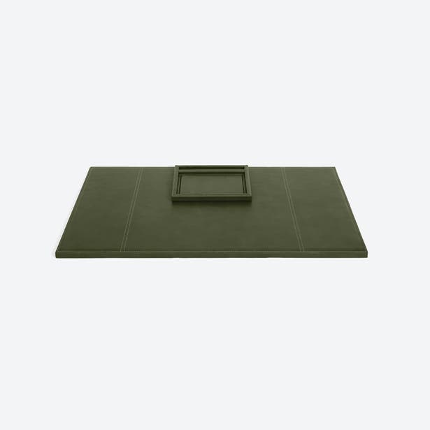 Olive green full-grain leather Grafton Laptop Desk Blotter Set with a small square tray centered on top.