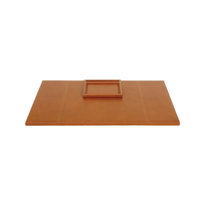 Tan full-grain leather Grafton Laptop Desk Blotter Set Collection featuring a functional desk blotter with a small square tray centered on top.