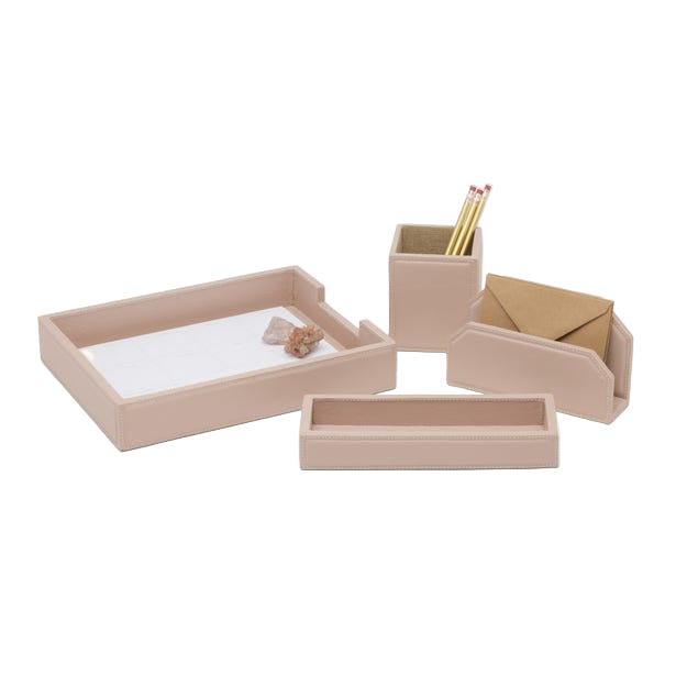 The Asby Desk Accessory Collection by Pigeon & Poodle includes a beige tray, full-grain leather pencil holder with pencils, letter holder with envelopes, and a rectangular accessory tray.