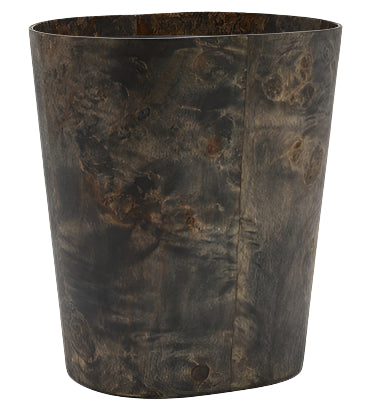 Introducing the Pigeon & Poodle Chandler Waste Basket: a dark, oval piece with a textured exterior and smooth finish. It adds sophistication to any room and captures the essence of Mappa Burl elegance.