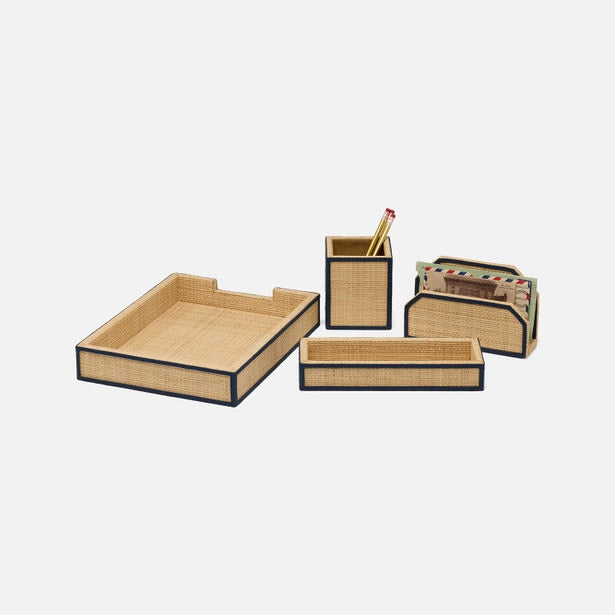 The Hanford Desk Accessory Collection by Pigeon & Poodle includes a four-piece set—tray, pencil holder, long tray, and letter holder—crafted with natural woven raffia and leather for a refined desk look.