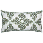 The Verdin Dark Sage Bolster Pillow by John Robshaw features a white cotton linen blend with a symmetrical green leaf design, hand block printed for an artisanal touch.