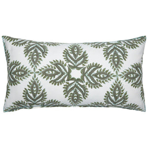 The Verdin Dark Sage Bolster Pillow by John Robshaw features a white cotton linen blend with a symmetrical green leaf design, hand block printed for an artisanal touch.