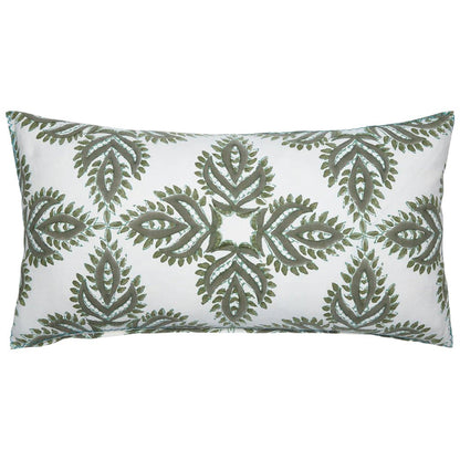 The Verdin Dark Sage Bolster Pillow by John Robshaw features a white cotton linen blend with a symmetrical green leaf design, hand block printed for an artisanal touch.