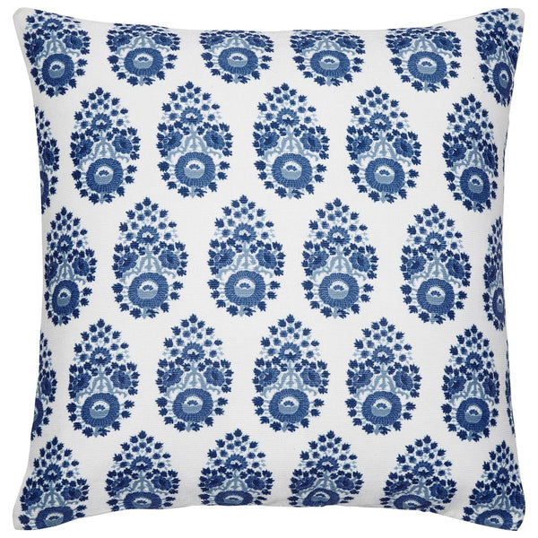 John Robshaw Adira Indigo Outdoor Pillow featuring a blue and white floral pattern, digitally printed on polyester.