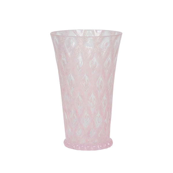 The Juliska Trellis Drinkware Collection features tall, translucent pink glassware with a diamond-patterned texture and slightly flared rims—an elegant addition to any setting.