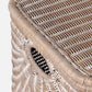 Close-up of the Mocha Whitewashed Lorain Hamper by Pigeon & Poodle, showcasing its horizontal woven rattan design, rounded corner, and built-in side handle.