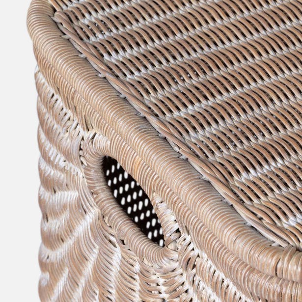 Close-up of the Mocha Whitewashed Lorain Hamper by Pigeon & Poodle, showcasing its horizontal woven rattan design, rounded corner, and built-in side handle.