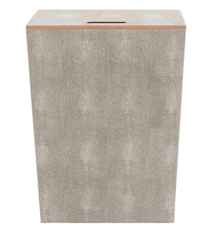 The Pigeon & Poodle Northwich Hamper in sand faux shagreen has a rectangular shape and light brown wooden lid with a slot, offering stylish storage.