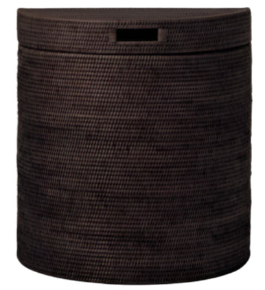 The Belek Polish Espresso Half Moon Hamper by Pigeon & Poodle is a round, dark brown woven rattan basket with a lid and rectangular front handle cut-out, perfect as a stylish hamper.