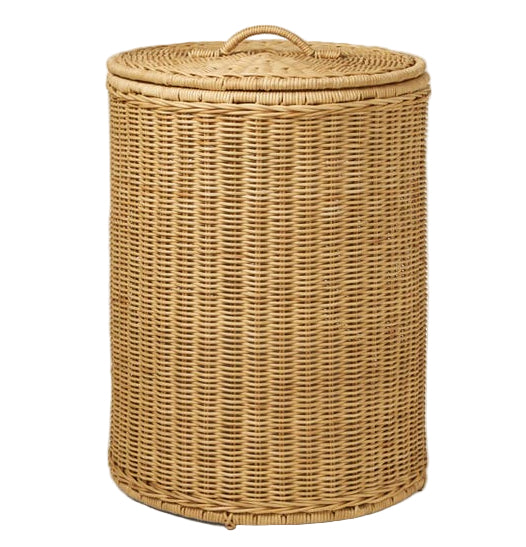 The Morris Hamper by Pigeon & Poodle is a hand-woven wicker basket with a lid and top handle, featuring a classic cylindrical shape, shown against a plain white background.