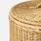 Close-up of the Morris Hamper by Pigeon & Poodle, a round hand-woven wicker basket with matching lid, highlighting its detailed texture and natural light brown color.