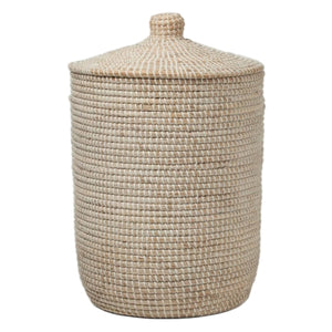 The Roslyn Hamper by Pigeon & Poodle features a cylindrical design with a lid and is crafted from whitewashed seagrass in a tight, uniform weave—ideal for stylish, natural storage.