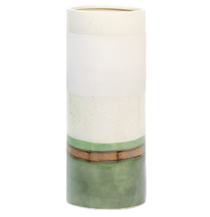 The Lienz Umbrella Stand in Green Mix by Pigeon & Poodle is a tall ceramic piece with a smooth finish and horizontal bands of white, beige, brown, and green—ideal as an entryway organizer and stylish accent.