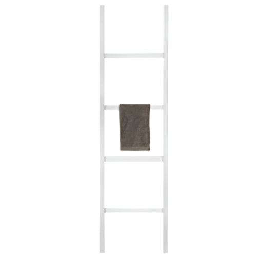 The Pigeon and Poodle Albi Leaning Towel Rack, by Pigeon & Poodle, is a stylish white ladder-style rack with a dark towel on one of the middle rungs, adding elegance to any bathroom.
