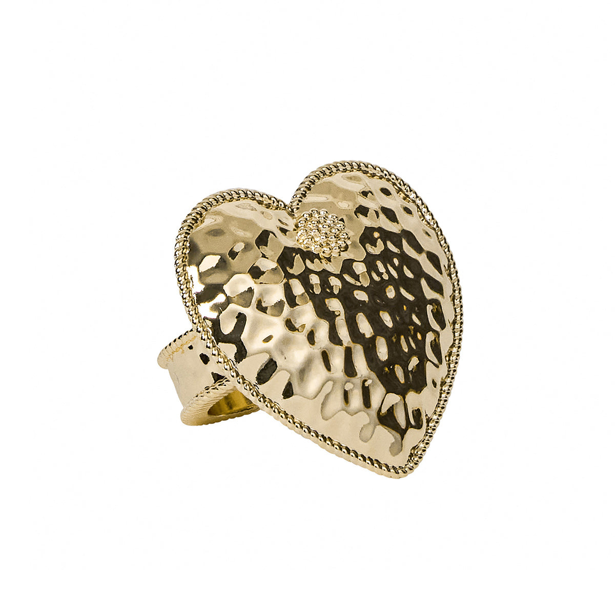 The Berry & Thread Heart Napkin Ring and Place Card Holder Collection by Juliska features a hammered, heart-shaped design with a textured border and decorative cluster on the upper left, adding elegance to any table setting.