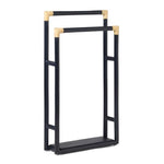 The PIG, Bolzano Towel Rack by Pigeon & Poodle features a black freestanding design with two staggered bars and beige corner accents, bringing subtle coastal style to your bathroom.